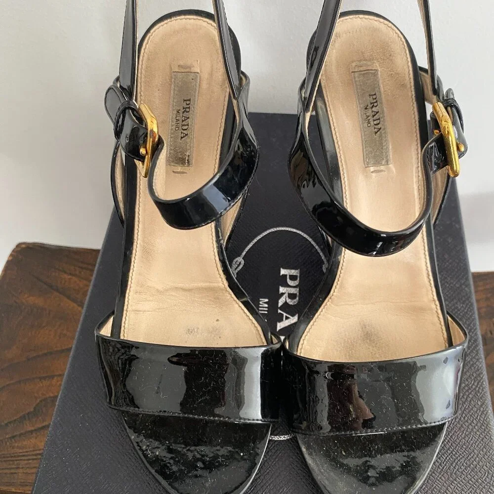 Prada Black Patent Leather Heeled Sandals Sz 36.5/6.5 - Picture 2 of 4